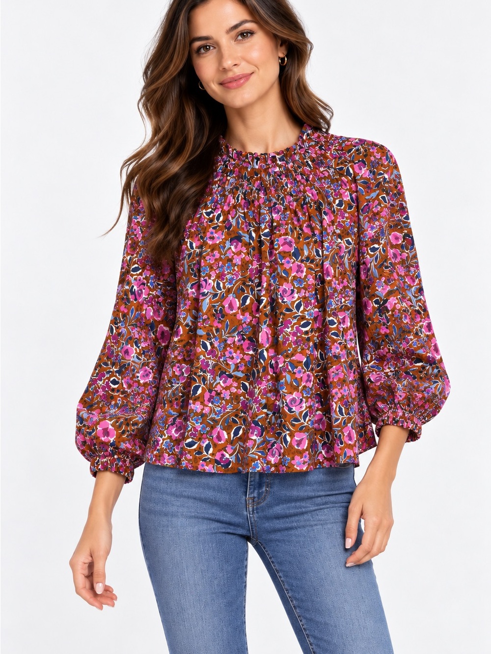 J.Crew Women PXS Brown Pink Floral Smocked Ruffle Neck 3/4 Sleeve Cotton Top